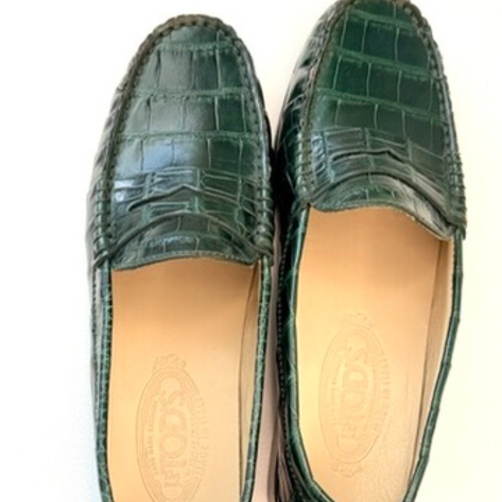Tod's Dark Green Crocodile-Embossed Loafers